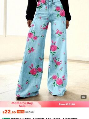 Light Blue Floral Wide-Leg Jeans - Pink Roses
